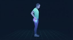Stilisierte Illustration einer Person, die seitlich steht, mit einer Hand auf den knöchernen Punkt an der Außenseite der Hüfte gedrückt, wobei die Sehnen von Gluteus medius und minimus leuchten