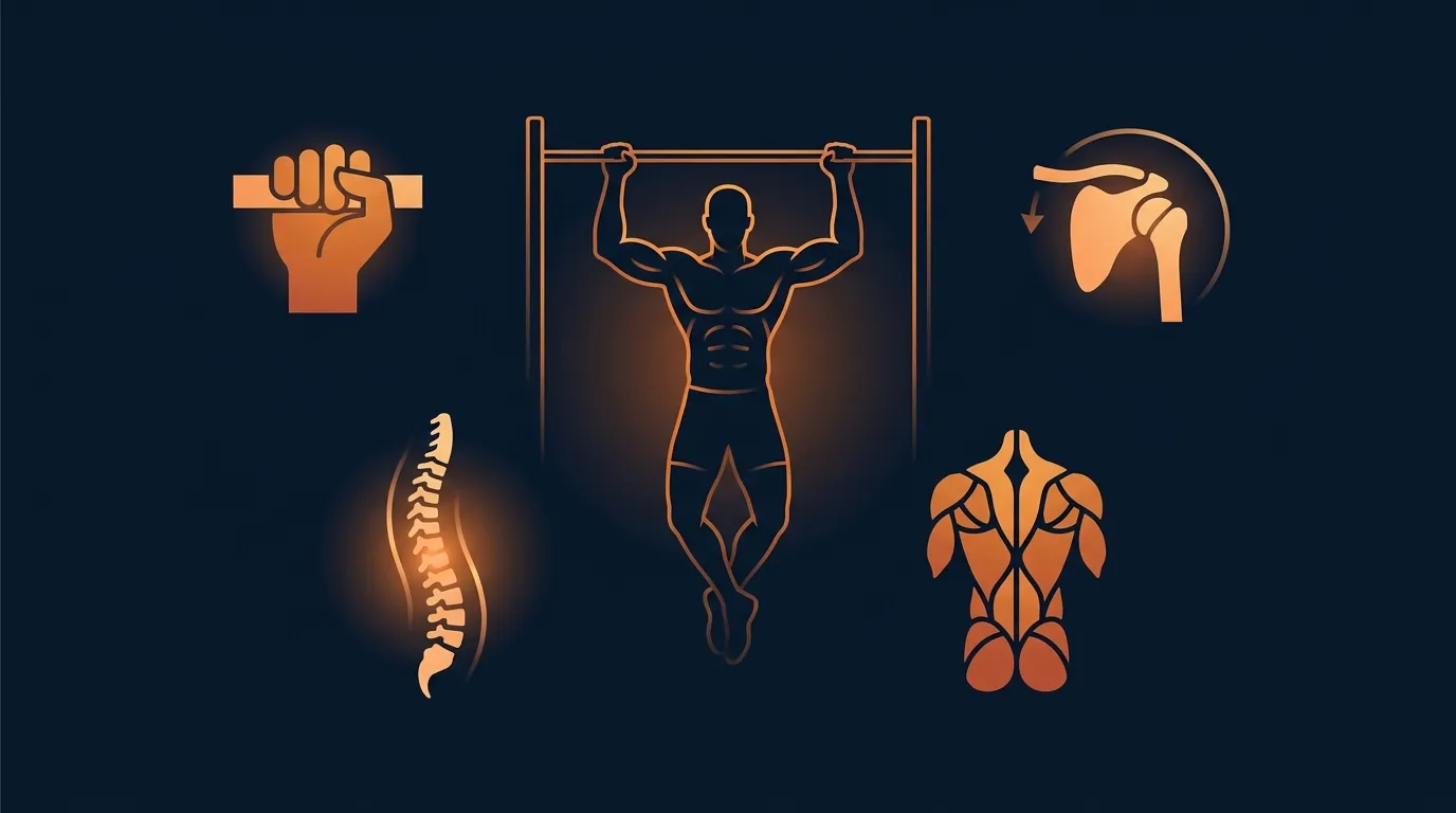 Illustration showing the four training benefits of the dead hang: grip endurance, shoulder capsule mobility, scapular control, and posterior chain isometric endurance