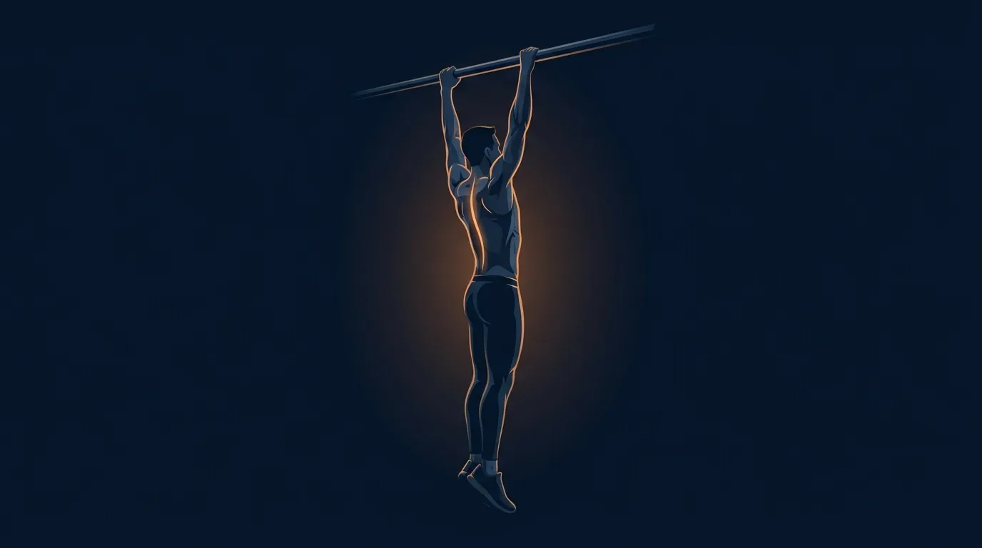 Illustration of a person hanging from a horizontal bar with subtle body-tracing lines emphasizing spine lengthening and shoulder decompression