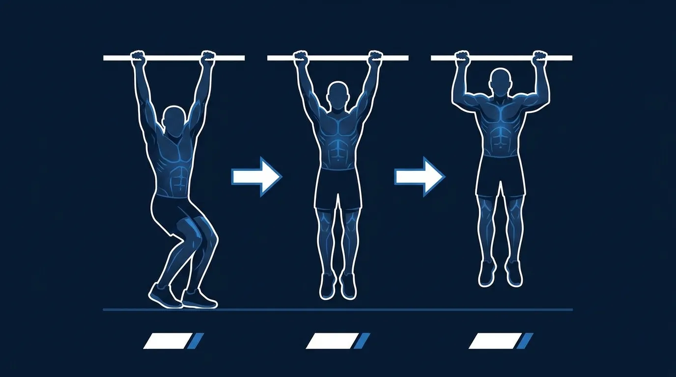 Illustration of three athletic figures showing the dead hang training progression from feet-supported hang to full passive hang to active shoulder-engaged hang