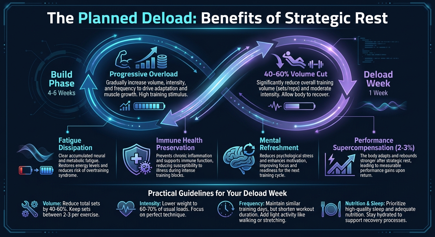 Infografik zu den Vorteilen einer geplanten Deload-Woche, die Aufbauphase und Deload-Zyklus mit Erschöpfungsdissipation, Immungesundheit und 2–3% Leistungssuperkompensation zeigt