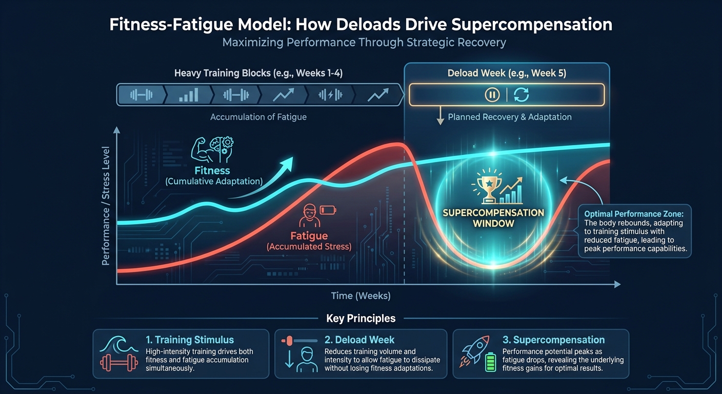Fitness-Fatigue-Modell, das Superkompensation während einer Deload-Woche zeigt, wobei Erschöpfung schneller abfällt als Fitnessanpassungen