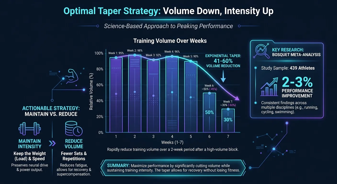 Données de réduction du volume d'affûtage de la méta-analyse Bosquet montrant une diminution optimale de 41-60 % du volume tout en maintenant l'intensité d'entraînement
