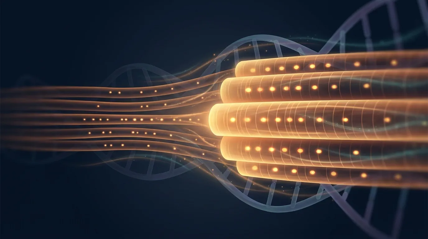 Konzeptuelle Visualisierung des Muskelgedächtnisses, die zeigt, wie zuvor trainierter Muskel schneller zu seiner Größe zurückkehrt als beim ursprünglichen Aufbau, mit erhaltenen Myonuklei und epigenetischen Markern