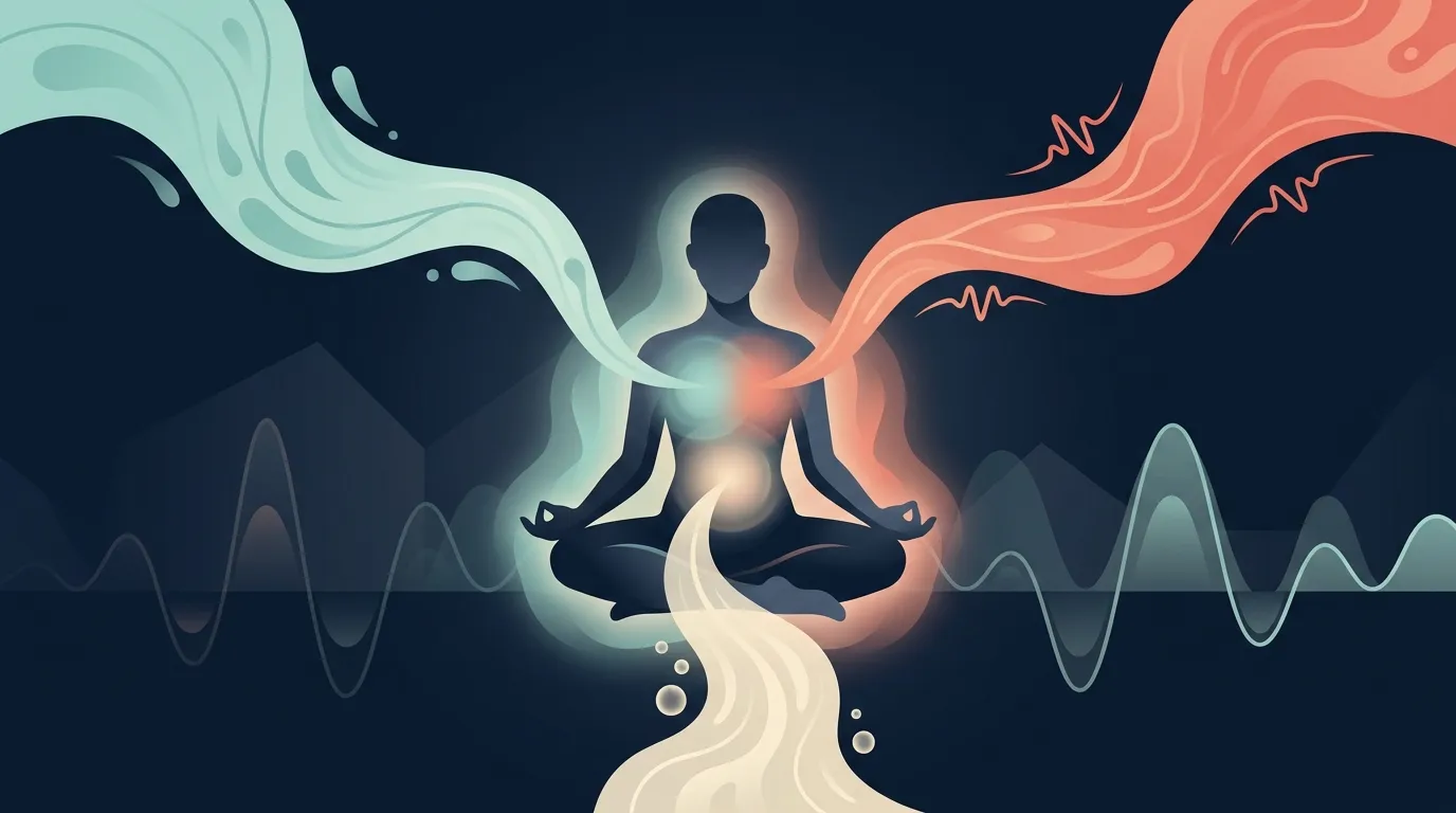 Conceptual illustration comparing the moderate effect sizes of breathwork on stress mood and blood pressure showing arrows of similar length for slow breathing exercise and sleep as reliable modest nervous system inputs