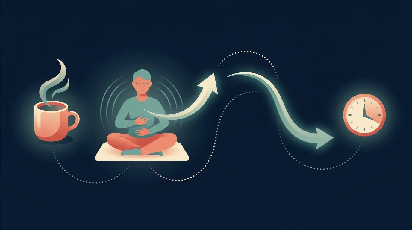 Conceptual illustration showing a simple daily diaphragmatic breathing protocol of five to ten minutes at five to six breaths per minute with a longer exhale than inhale attached to a daily anchor like brushing teeth or morning coffee