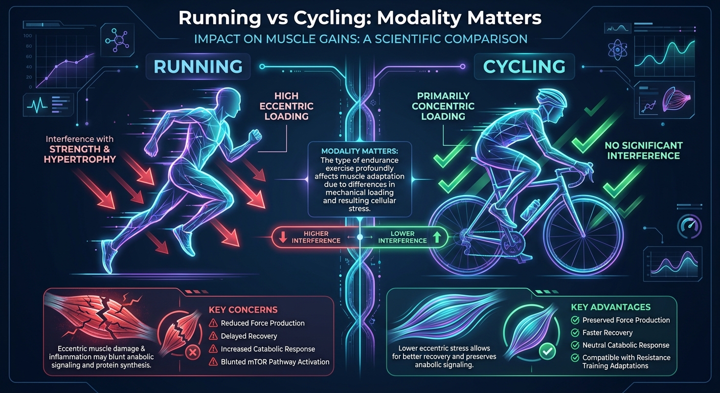 Comparaison de l'impact de la course à pied versus le vélo sur les gains musculaires montrant que la course cause une interférence tandis que le vélo n'altère pas significativement la force ou l'hypertrophie