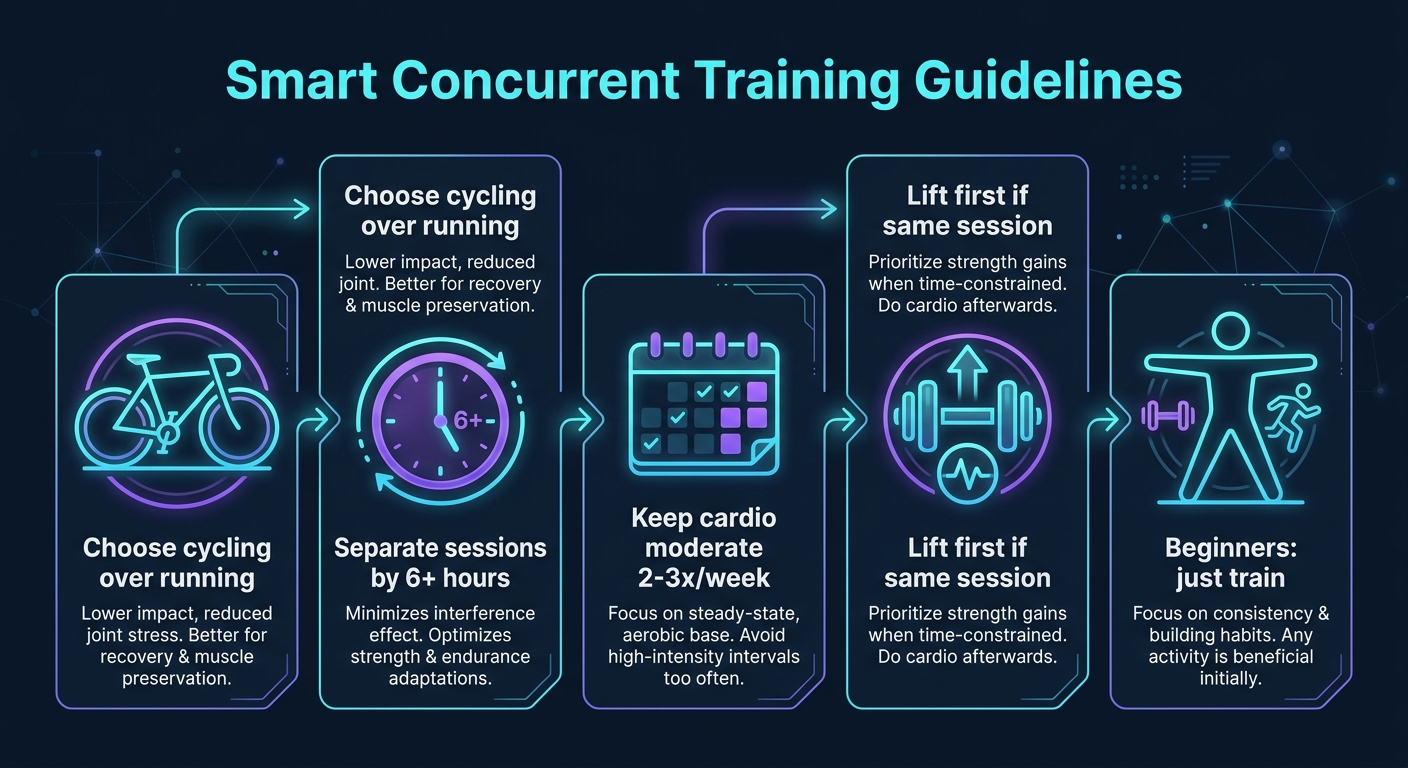 Infographie de directives d'entraînement concurrent intelligentes montrant 5 recommandations basées sur les preuves pour combiner cardio et musculation