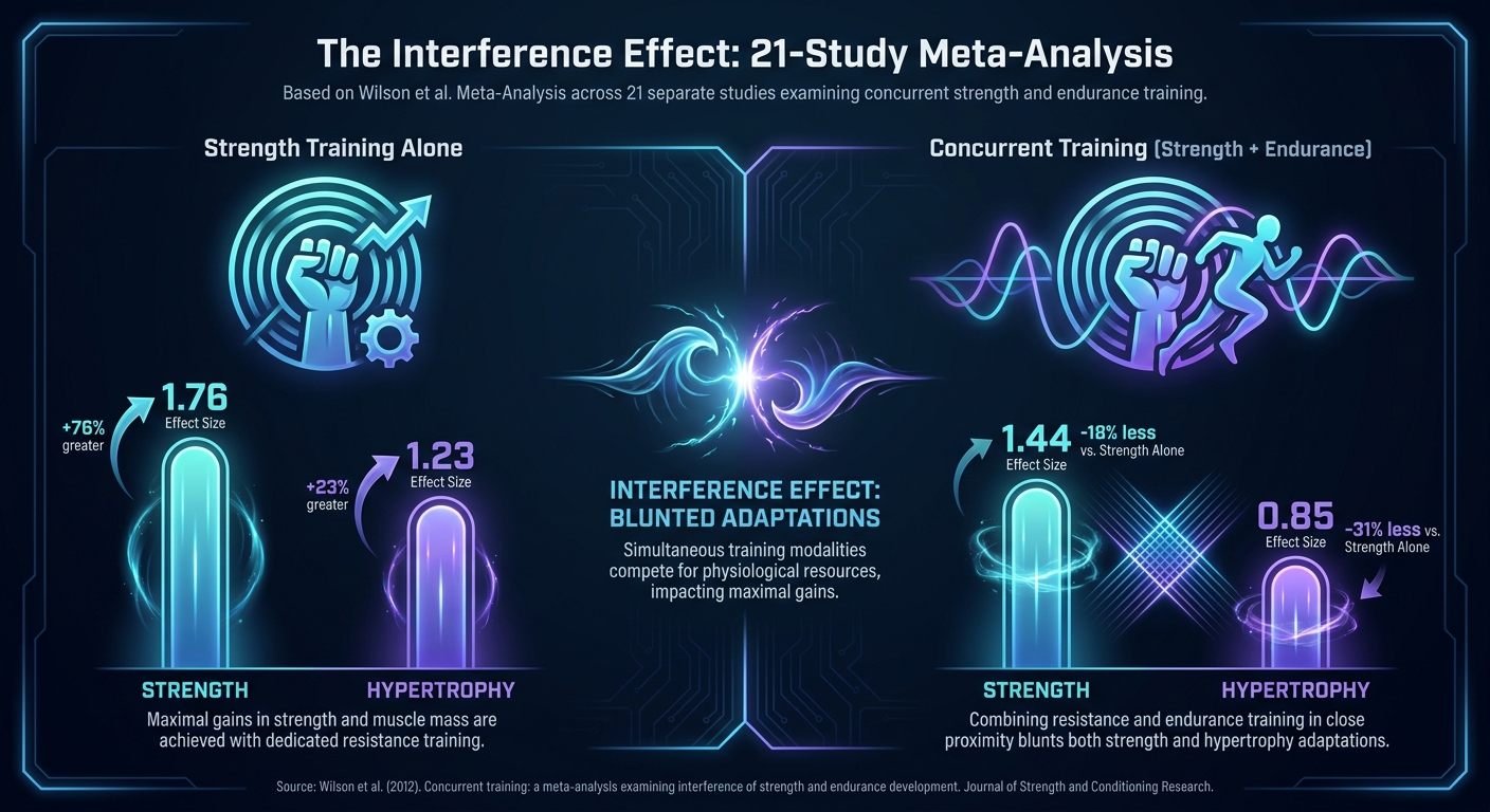 Infographie montrant l'effet d'interférence de l'entraînement concurrent de la méta-analyse Wilson et al. de 21 études comparant la musculation seule versus cardio et musculation combinés