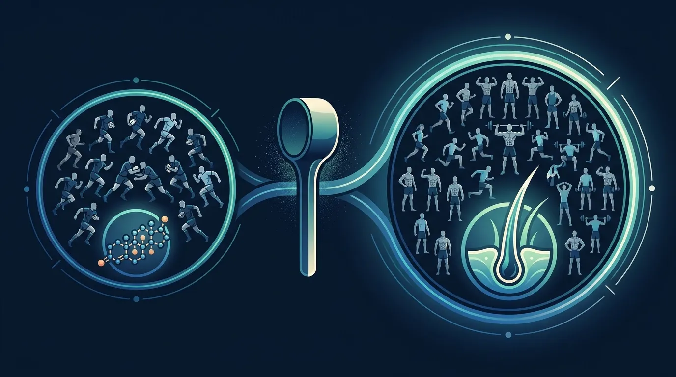 Konzeptionelle Illustration, die eine einzelne kleine Studie aus 2009 links mit einer größeren randomisierten Studie aus 2025 rechts vergleicht, beide zentriert um einen Kreatin-Löffel mit Haarfollikel-Bildsprache