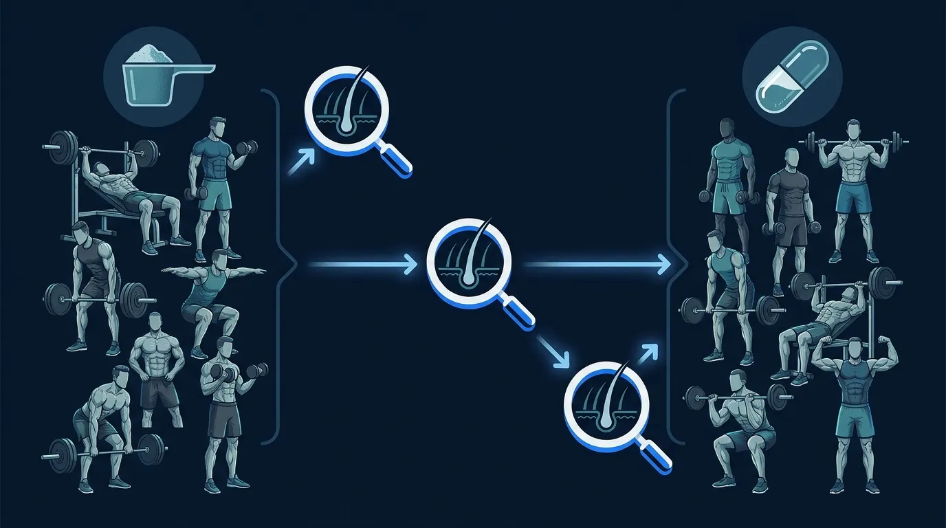 Konzeptionelle Illustration des Studiendesigns von Lak 2025, das zwei Gruppen krafttrainierter Männer zeigt, Kreatin gegen Placebo, über 12 Wochen mit Symbolen zur Haarfollikel-Bewertung verfolgt