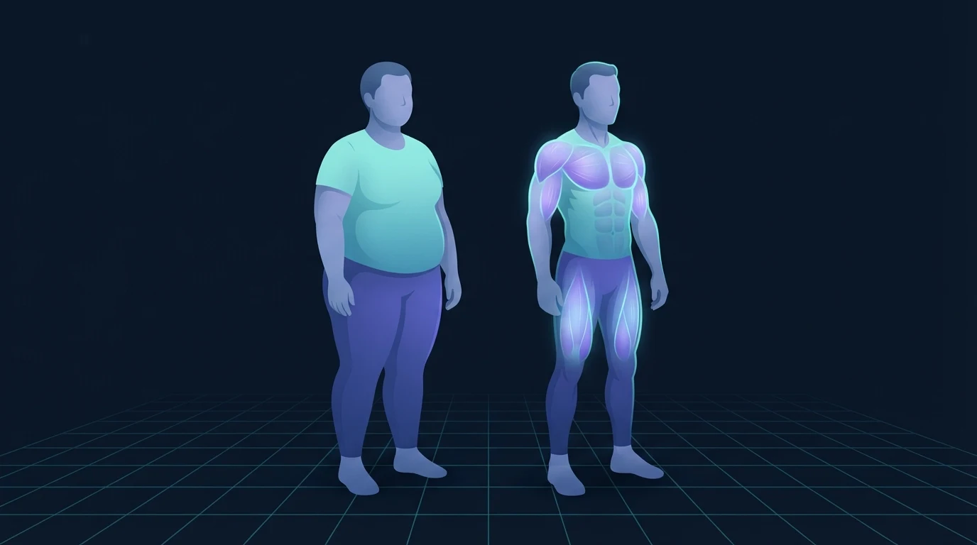 Two illustrated figures at the same body weight standing side by side, the left one softer through the torso and hips, the right one leaner and more compact with the chest, arms and thighs glowing to show greater muscle mass