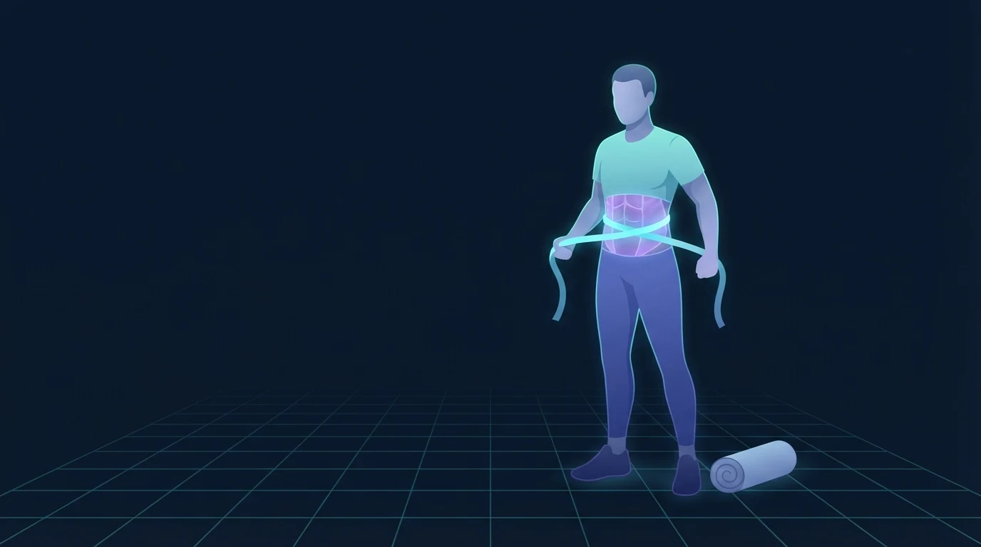 Illustrated figure measuring waist circumference with a flexible tape, the tape and the core muscles glowing, showing the measurement recommended alongside body weight