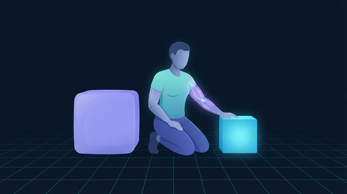 Illustrated figure kneeling between two blocks of equal weight, a large soft violet block on the left and a much smaller glowing cyan block on the right, showing that denser tissue occupies less volume at the same mass