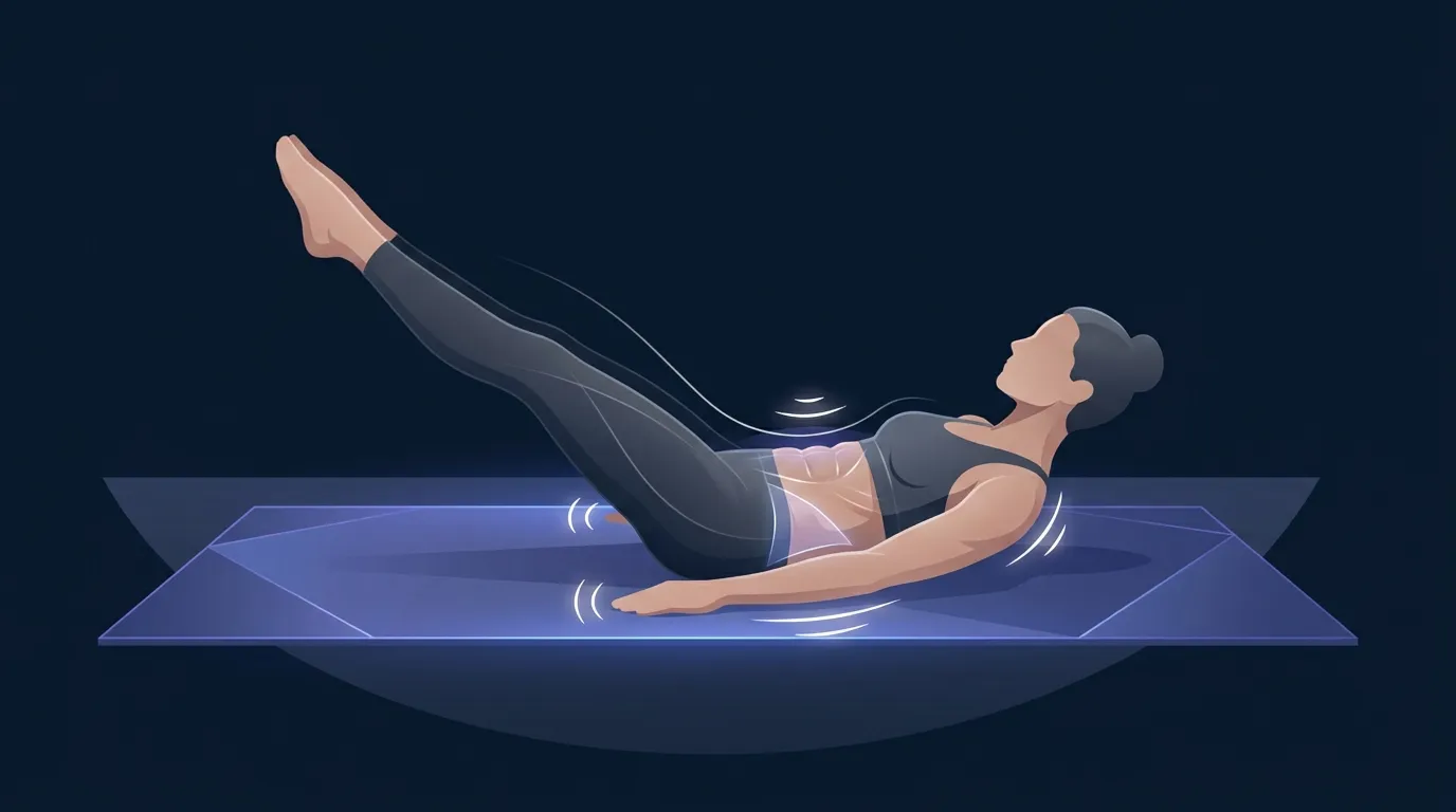 Illustration conceptuelle d'une personne effectuant la position du hundred au Pilates au sol, avec des indices visuels subtils suggérant l'activation musculaire profonde du tronc et une respiration contrôlée