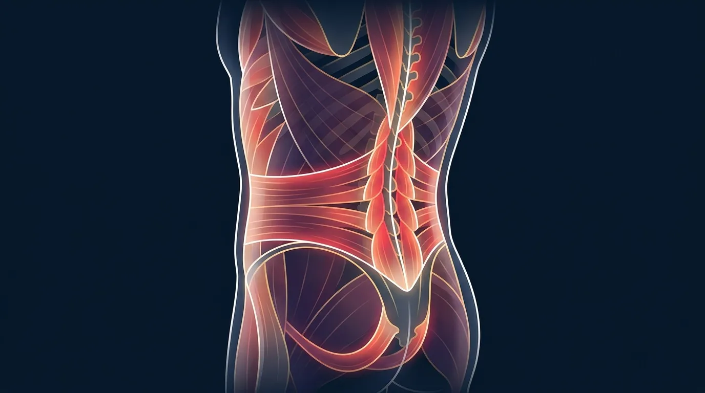 Visualisation conceptuelle de la musculature du tronc d'un pratiquant de Pilates (transverse de l'abdomen profond, multifide et plancher pelvien) représentée comme un corset de stabilité soutenant la colonne vertébrale et le bassin