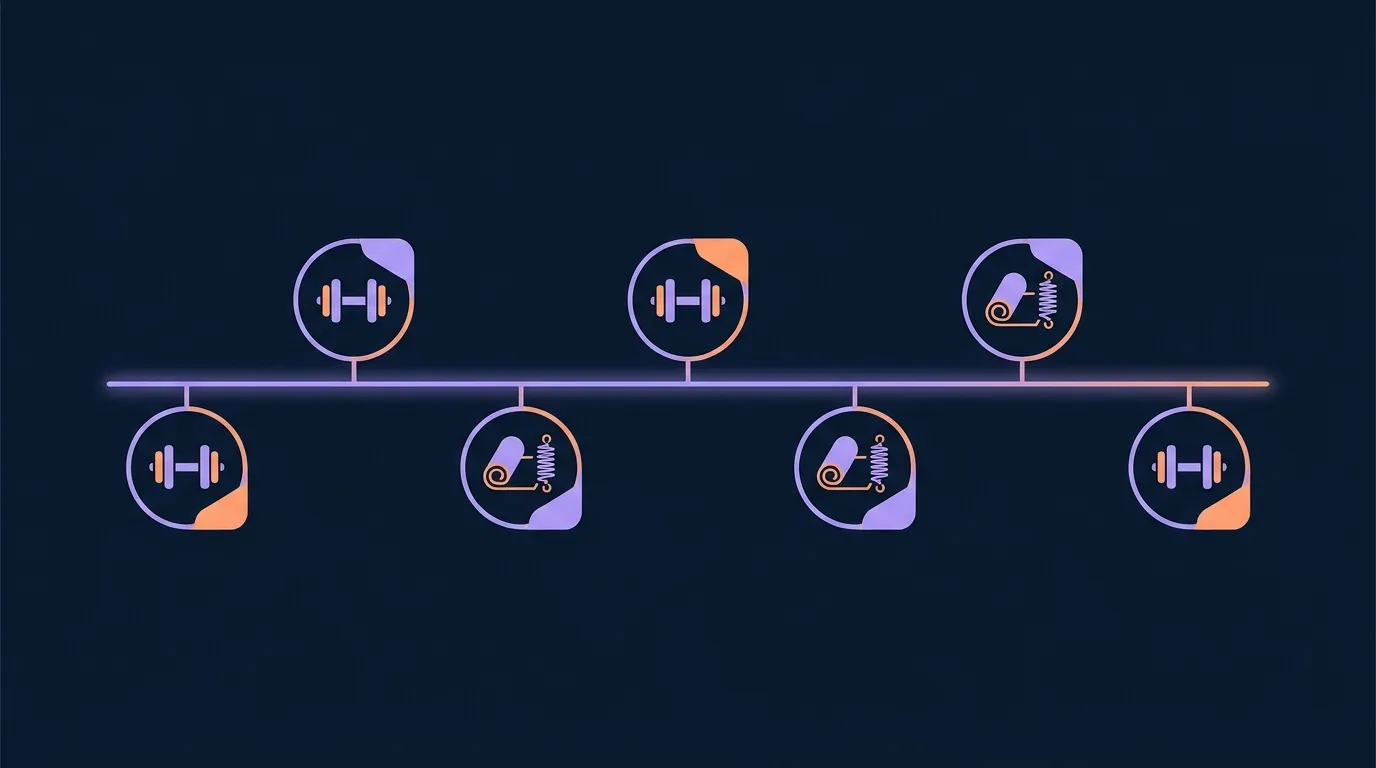 Visualisation conceptuelle d'un programme hebdomadaire de Pilates et de musculation montrant deux séances de Pilates associées à deux à trois séances de résistance sur une semaine d'entraînement