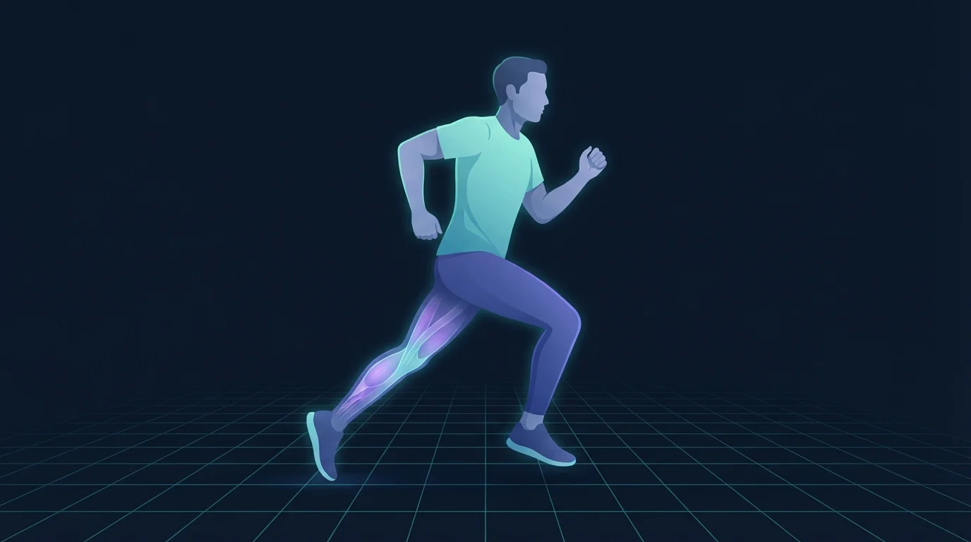 Ilustração de um corredor no meio da passada sobre uma grade em teal com a panturrilha e o posterior de coxa fracamente iluminados e o espaço ao redor sugerindo repetição de longa distância, mostrando adaptação de resistência em vez de crescimento muscular