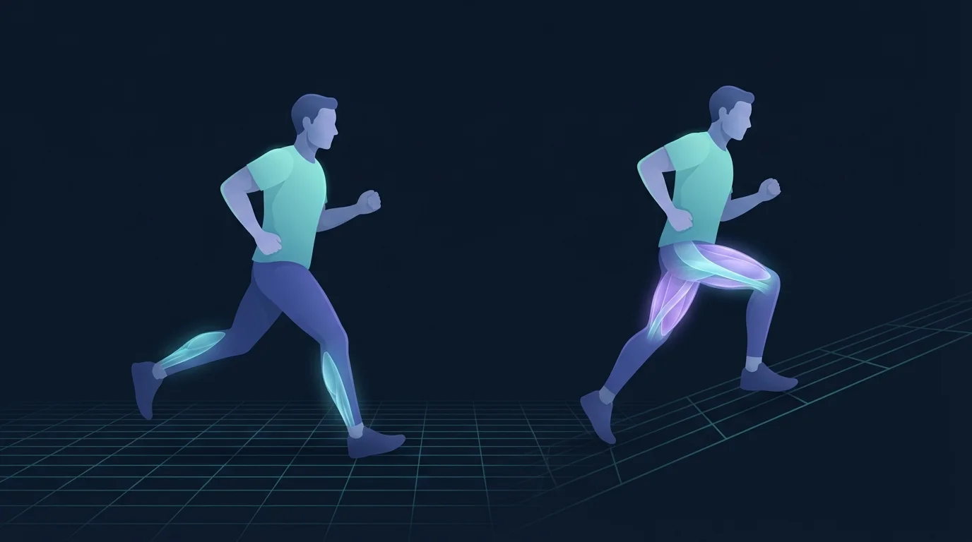 Ilustração de dois corredores sobre uma grade em teal que se afasta, um correndo em terreno plano com as panturrilhas fracamente iluminadas e outro correndo ladeira abaixo com o quadríceps brilhando intensamente em violeta e ciano para mostrar a carga excêntrica