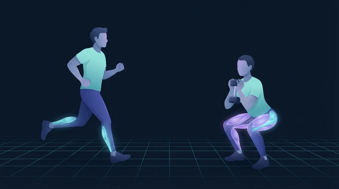 Ilustração de uma pessoa alternando entre uma corrida em um caminho de grade em teal e um agachamento com haltere, com o quadríceps e os glúteos brilhando na figura que levanta peso e as panturrilhas fracamente iluminadas na figura que corre