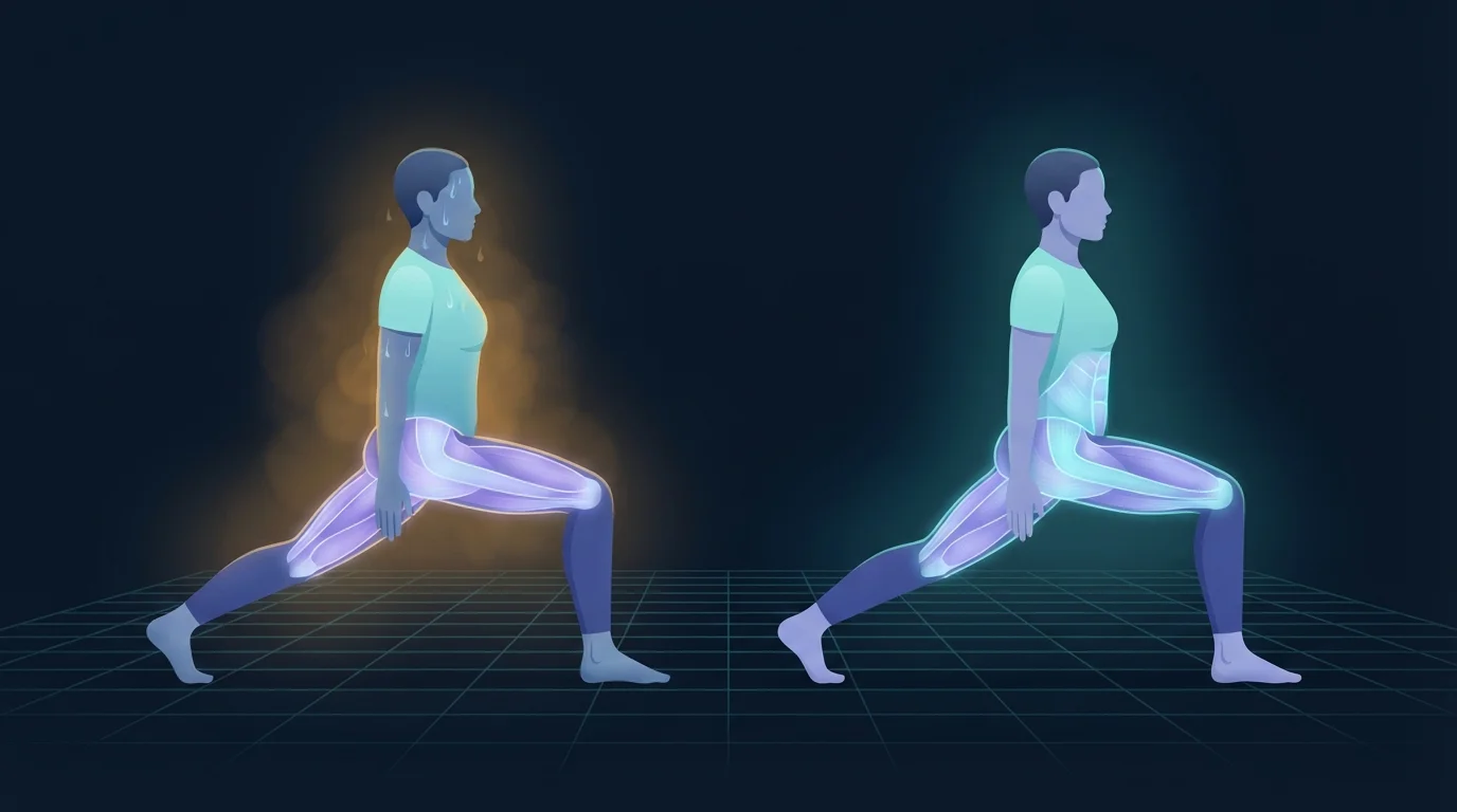 Illustration zweier Erwachsener, die nebeneinander dieselbe Yoga-Kriegerhaltung halten, die linke Figur triefend vor Schweiß in einem heißen Raum und die rechte trocken in einem kühlen Raum, beide mit gleich stark leuchtenden Bein- und Rumpfmuskeln