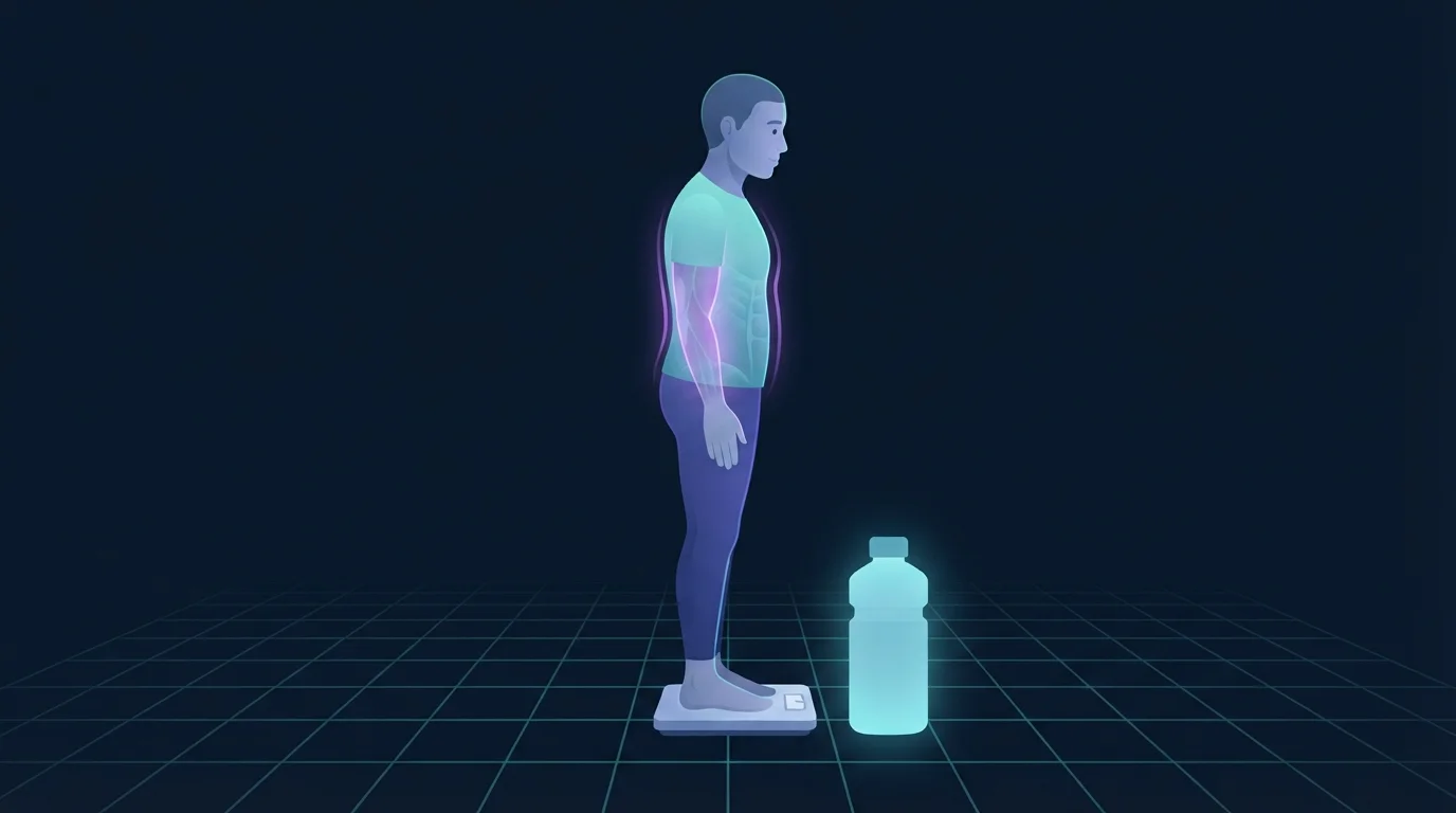 Illustration eines Erwachsenen im Profil auf einer Badezimmerwaage mit leerer Anzeige, mit einer großen unbeschrifteten Wasserflasche, die cyanfarben auf dem Boden daneben leuchtet, und dem Oberkörper in einem sanften violetten Glühen umrissen