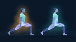 Illustration zweier Erwachsener, die nebeneinander dieselbe Yoga-Kriegerhaltung halten, die linke Figur triefend vor Schweiß in einem heißen Raum und die rechte trocken in einem kühlen Raum, beide mit gleich stark leuchtenden Bein- und Rumpfmuskeln