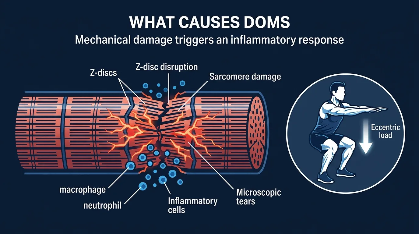 Editorial infographic showing microscopic muscle fiber damage and inflammation underlying delayed onset muscle soreness with Z-disc disruption and inflammatory cells