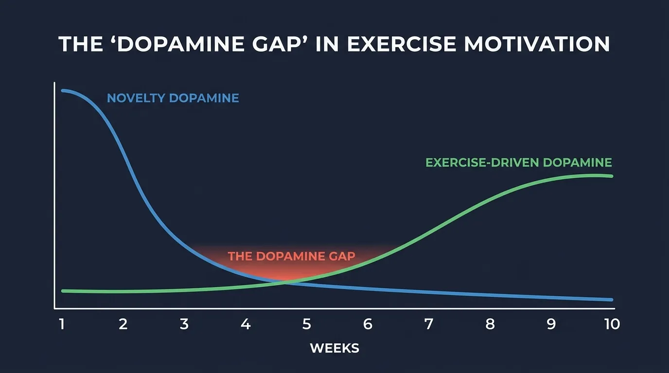 Chart showing the dopamine gap in exercise motivation: novelty dopamine declines steeply by week 3 while exercise-driven dopamine does not rise until weeks 4 through 8, creating a motivation gap