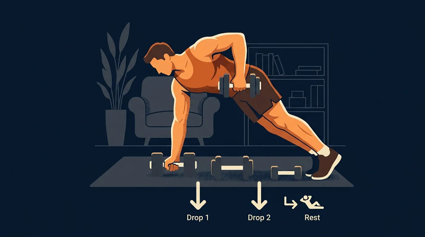 Ilustração conceitual de um praticante em casa usando um jogo de halteres ajustáveis com incrementos de peso decrescentes, mostrando a aplicação prática de um drop set triplo em casa