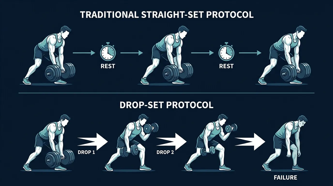 Ilustração comparando um protocolo tradicional de séries fixas a um protocolo de drop set, mostrando repetições contínuas em cargas decrescentes após a série de trabalho inicial atingir a falha