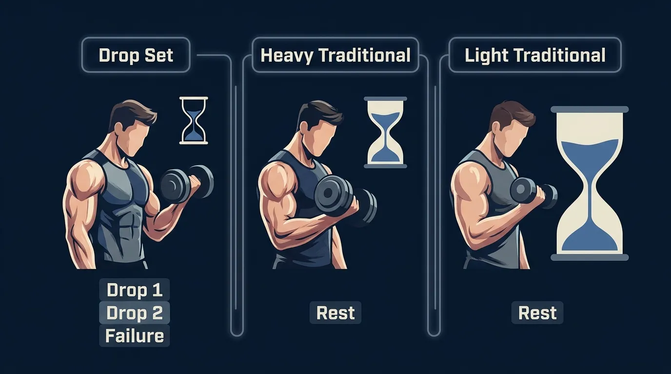 Ilustração conceitual mostrando três sessões de treino paralelas com halteres: um protocolo rápido de drop set único à esquerda, um protocolo tradicional moderado de carga pesada no meio e um protocolo tradicional mais longo de carga leve à direita