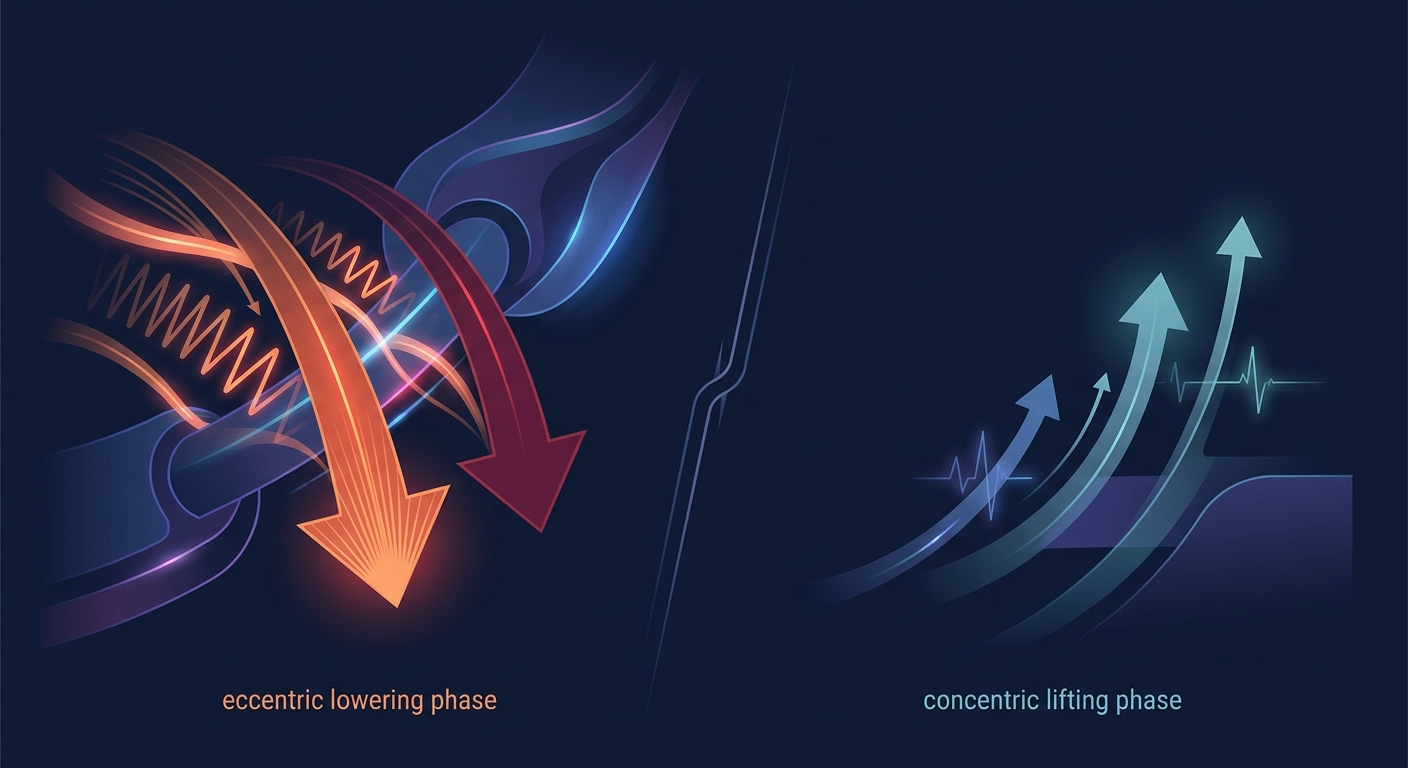 Comparison illustration showing greater force output and mechanical tension during the eccentric lowering phase versus the concentric lifting phase of resistance exercise