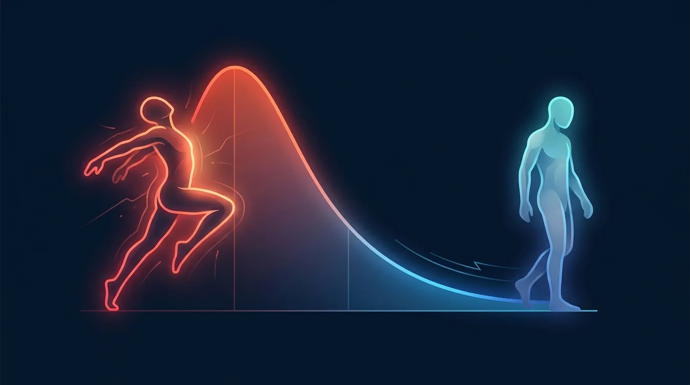 Conceptual illustration of post-exercise metabolism showing energy expenditure decaying back to baseline over a few hours after a workout