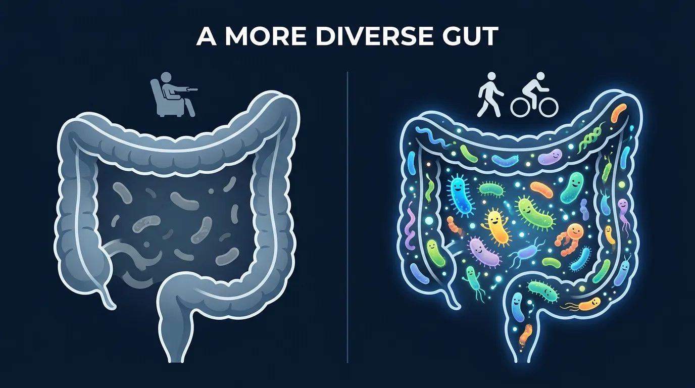 Editorial illustration contrasting a sparse low-diversity gut microbiome with a rich diverse microbiome shaped by regular exercise