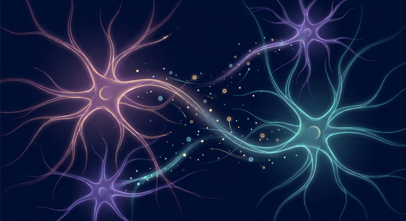 Illustration of neurons branching and forming new connections with BDNF protein molecules promoting growth in the hippocampus