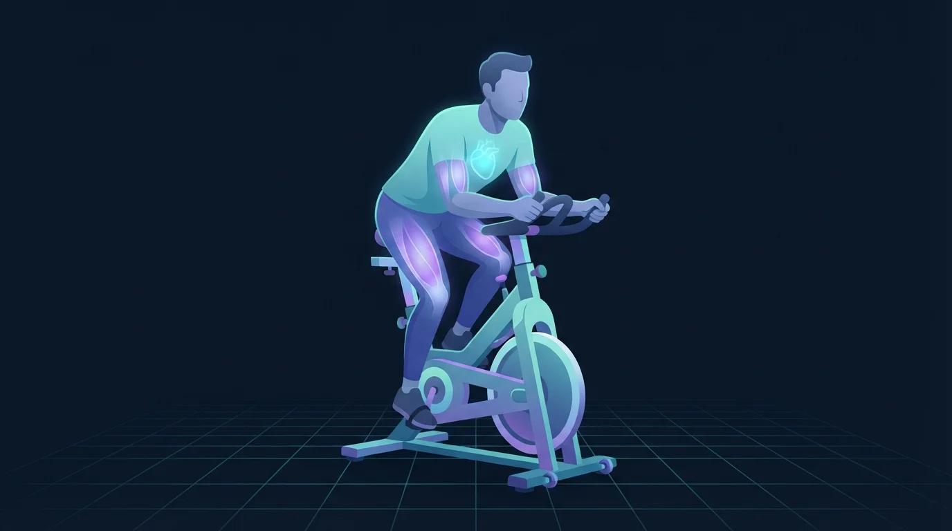 Illustrierte Figur, die hart auf einem Spinning-artigen Heimtrainer fährt, Brust und Herzregion leuchten cyan und der Quadrizeps leuchtet violett, ein schwaches türkisfarbenes Raster weicht im Hintergrund zurück