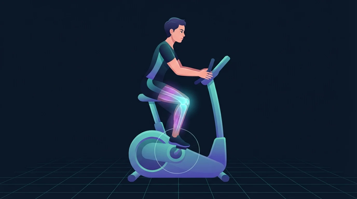 Illustrierte Figur, die auf einem Heimtrainer in Seitenansicht sitzt, das Kniegelenk leuchtet hell cyan und ein schwacher kreisförmiger Bogen zeichnet die feste Bahn des Pedals nach, mit Quadrizeps und Wade, die dahinter violett leuchten