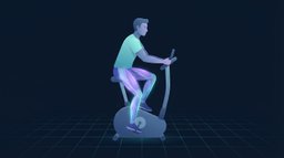Illustrierte Figur, die auf einem aufrechten Heimtrainer in Seitenansicht fährt, Hände an den Lenkern und aufrechter Oberkörper, wobei Quadrizeps, Gesäßmuskeln und Waden in durchscheinendem Violett und Cyan leuchten
