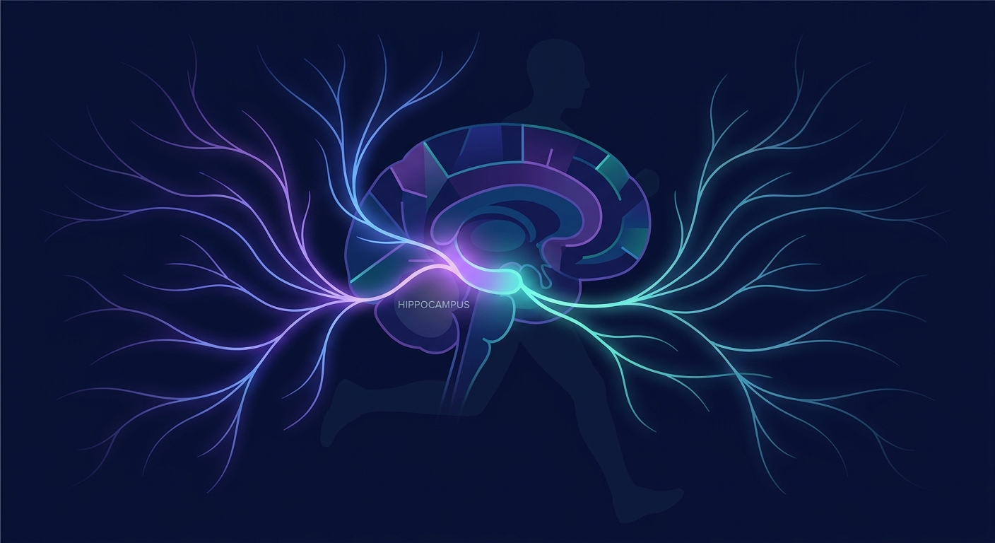 Illustration of a human brain highlighting the hippocampus region with neural pathways activated during aerobic exercise