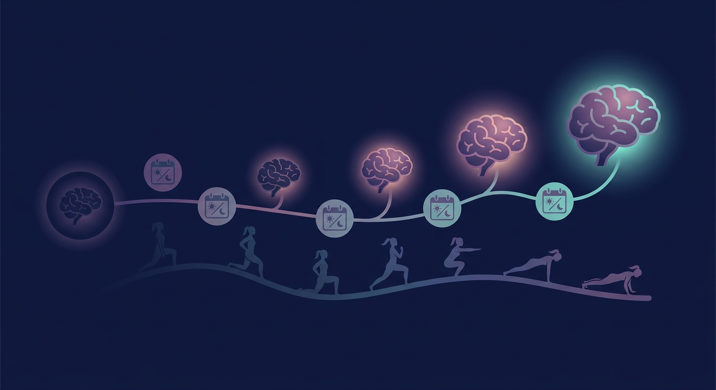 Visual timeline showing progressive brain benefits from consistent exercise over weeks and months of regular training