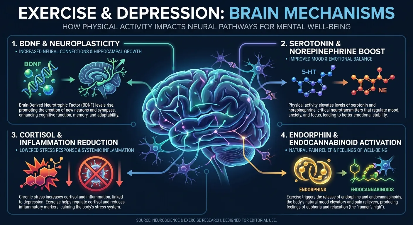 Diagrama del cerebro que muestra cuatro vías neurobiológicas a través de las cuales el ejercicio combate la depresión: neuroplasticidad BDNF, aumento de serotonina y norepinefrina, reducción del cortisol y activación endocannabinoide