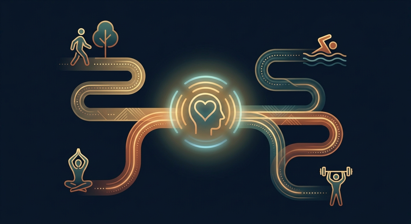Comparison of exercise types for depression showing walking and jogging at negative 0.62 effect yoga at negative 0.55 and strength training at negative 0.49 from 218 studies