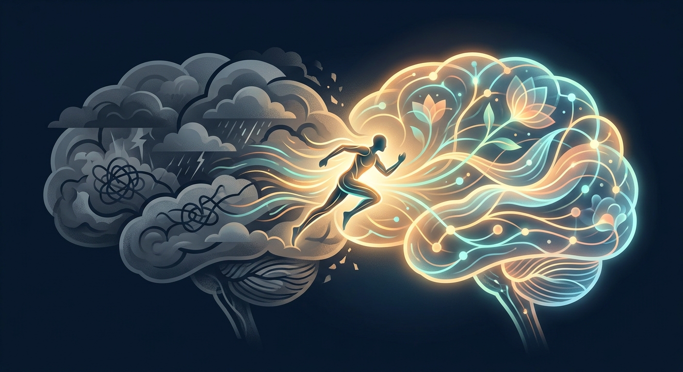 Bar chart comparing exercise antidepressant effect size of SMD negative 1.11 versus typical antidepressant medication effect size of 0.30 to 0.50 across 25 randomized controlled trials