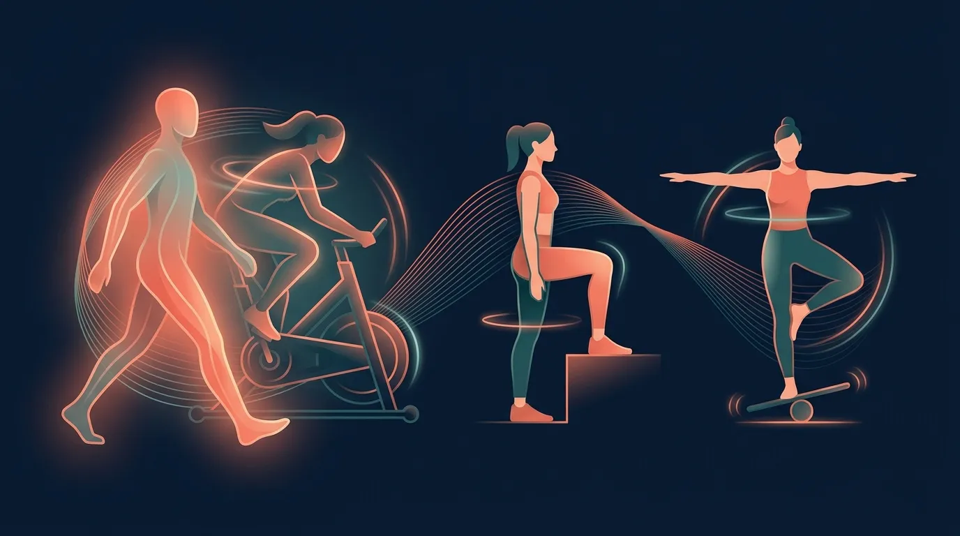 Conceptual illustration comparing aerobic walking and cycling, strengthening, and balance exercise as treatment options for knee osteoarthritis