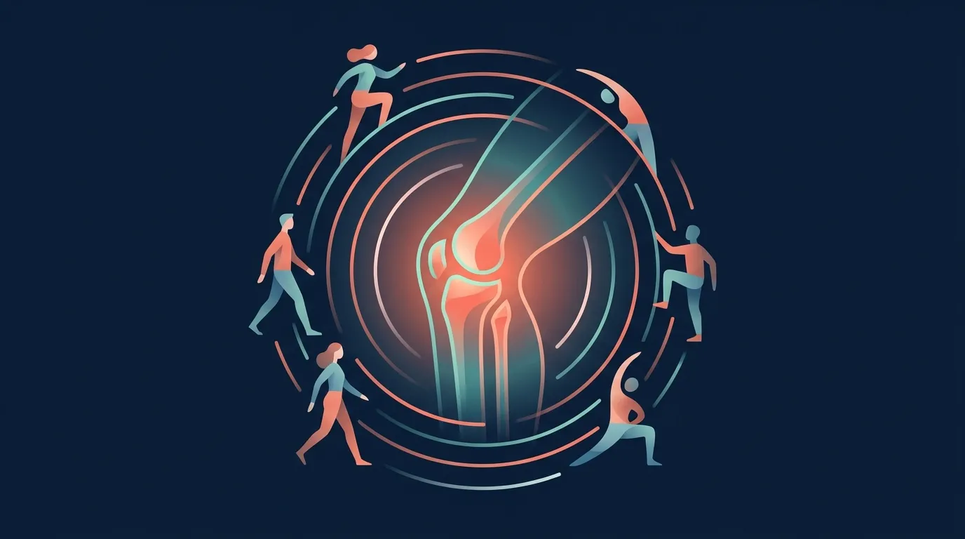 Conceptual illustration of a healthy active knee joint contrasted with the supportive role of regular exercise in managing knee osteoarthritis