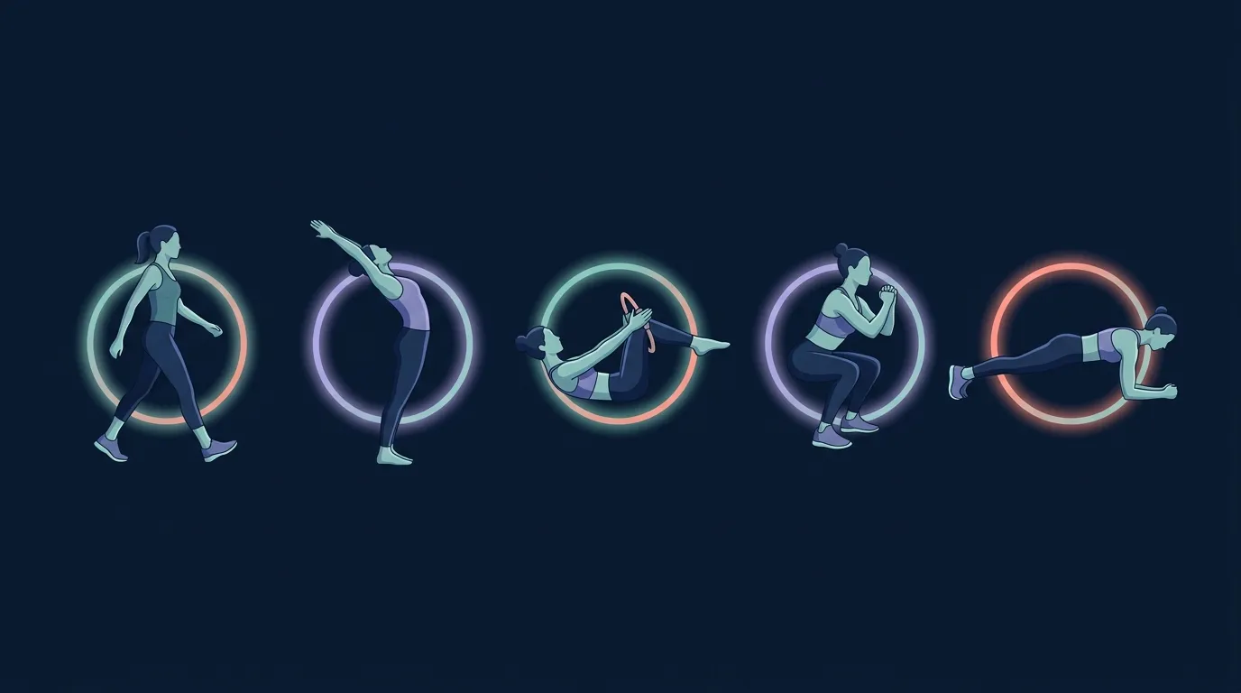 Ilustración conceptual que muestra múltiples modalidades de ejercicio para el dolor lumbar, incluyendo caminar, Pilates, yoga, entrenamiento de fuerza y trabajo de control motor, todas agrupadas en niveles de efectividad similares