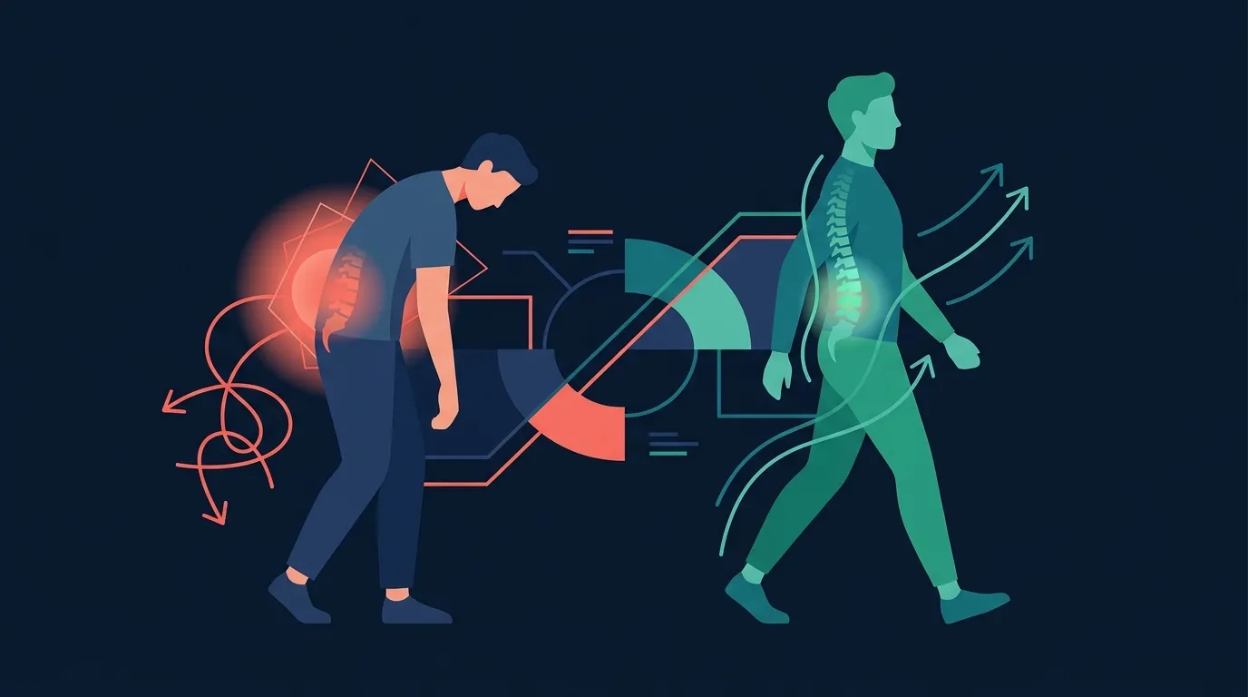 Ilustración conceptual que muestra que el ejercicio estructurado supera al reposo en cama para el dolor lumbar crónico, con todas las modalidades principales de entrenamiento agrupadas en una banda de efectividad similar