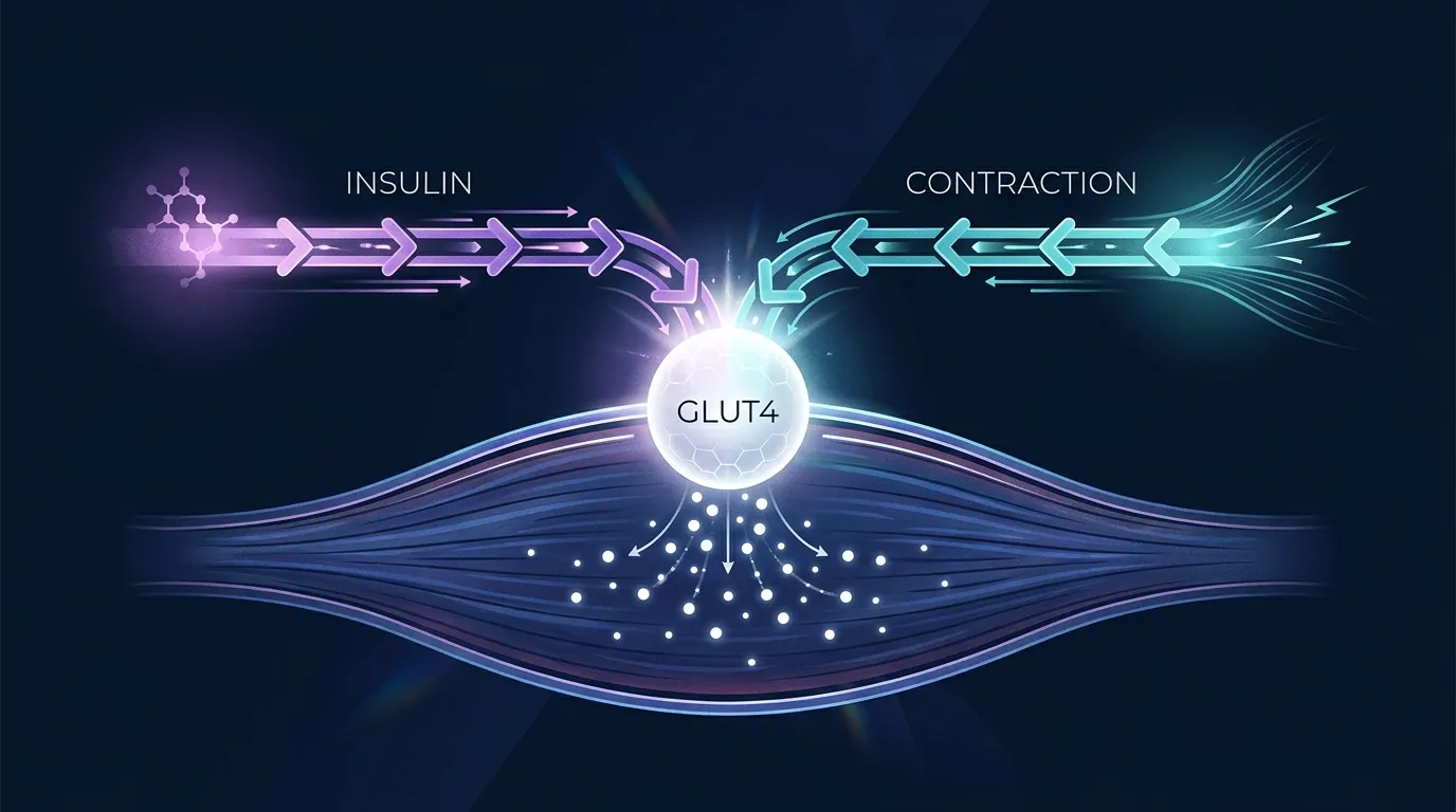 Editorial illustration showing two parallel pathways activating glucose transport in skeletal muscle: an insulin pathway and a contraction pathway, both converging on GLUT4 vesicle translocation