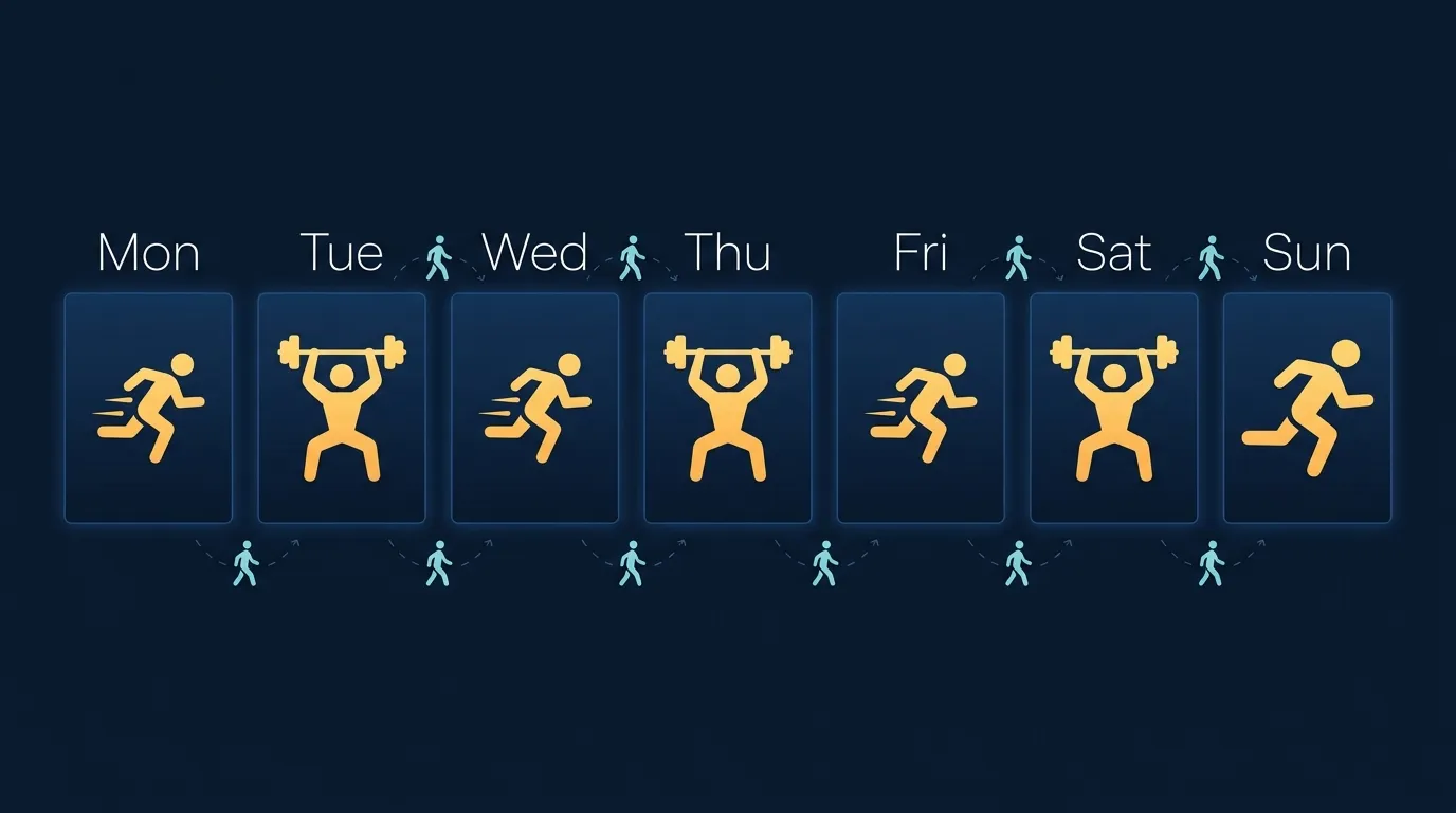 Editorial illustration of a weekly calendar showing alternating aerobic and resistance training sessions across the week, with short walking-break icons scattered through the workday